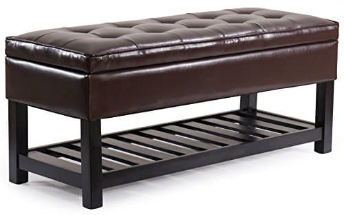 JOYVEN Tufted PU Leather Storage Ottoman Bench with Slat Bottom Storage Area (Brown)