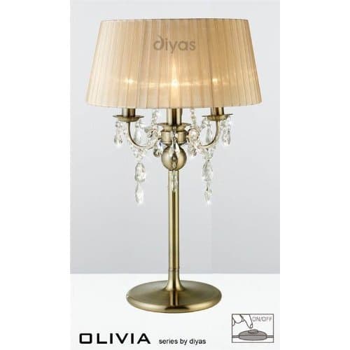 Olivia Table Lamp 3 Light Antique Brass/Crystal