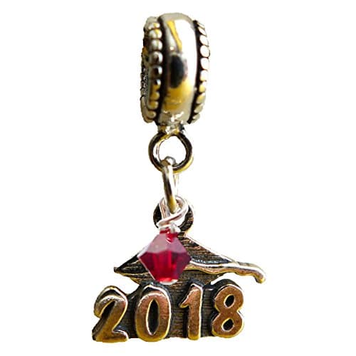 Graduation Cap 2018 July Ruby Birthstone Sterling Silver Dangle Charm Bead