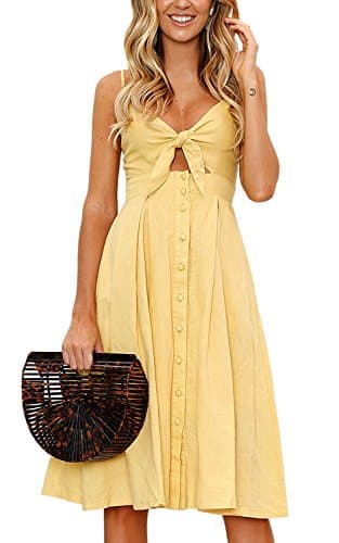 JOAUR Women’s V-Neck Spaghetti Strap Button Down Yellow A-Line Swing Midi Beach Dress without Pocket
