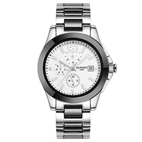 Topwatch Sangdo Luxury Mens Ceramic Band Bezel Multi Display Automatic Mechanical White Dial Watch