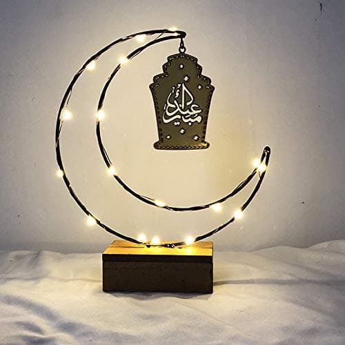 Rigel7 Wooden Artistic Eid Mubarak Party Serving Tableware Tray Display Wood Decoration Dessert Tray (New Moon Light(20x23.5x5.5cm ))