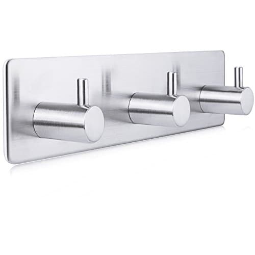 Self Adhesive Coat Towel Robe Hook Rack Rail, Brushed Finish Stainless Steel Hanger for Kitchen Bathrooms Lavatory Closets with 3 Hooks, Water and Rust Proof, Heavy Duty
