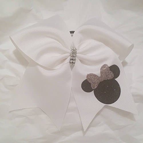 CHEER BOW - White Plain Grosgrain Ribbon with Black Mickey head with Confetti Glitter Hair Bow &amp; Silver rhinestone center - BIG 3 inch wide width - Color changes &amp; Team bulk orders by request