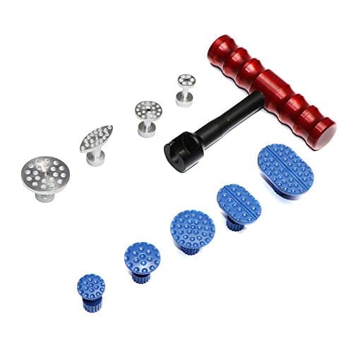 JMgist PDR Tools Dent Removal Paintless Dent Repair Tools Kit Mini Silde Hammer Red T-Bar Dent Puller Kit with 4pcs aluminum Puller Tabs 5pcs Blue Tabs