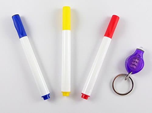 3 Invisible Ink Pen Marker & UV Flashlight Black Light Reactive Red Blue Yellow