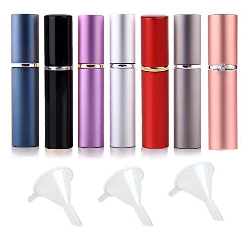 Glitterymall 7 Pack 6mL Portable Mini Refillable Perfume Scent Aftershave Atomizer Empty Spray Bottle Sprayers with 4 Funnel Filler for Travel Purse (6 mL 7 Colors Mix)