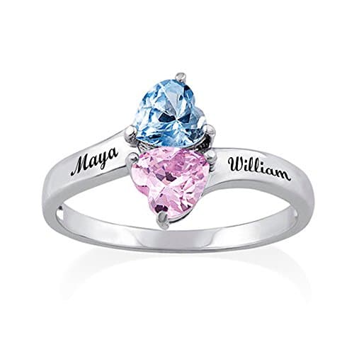 Two Heart Shaped Birthstones Engraved Ring - Personalized &amp; Custom Name Ring Made Gift for Her (14)