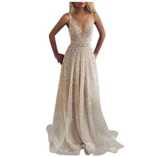 Rifuli Womens Maxi Dress Elegant Solid Color Sparkling Sequin Mesh Sleeveless Dress V-Neck Party Dress