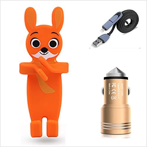 JINGRAN Super 3 In 1-Silicone Bendable Car Air Vent Phone Holder And 2 USB Ports Safety Hammer Car Charger And Lightning-Micro Connectors Cellphone Cable (Orange Rabbit)