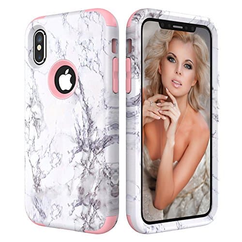 HKW iPhone X Case,iPhone 10 Case,White Marble Design,Hybrid Heavy Duty Shockproof Protective Case with Dual Layer [Hard PC+ Soft Silicone] Impact Protection for Apple iPhone X/10 -Rose Gold (MA1947)