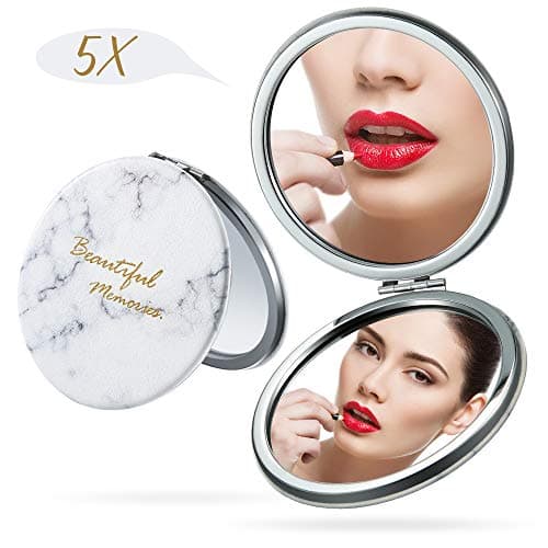 Magnified Makeup Mirror Double Sided - Compact and Folding Mirror with 5x Magnified Side/1x Side Normal view, Pocket Size for Travel(White)