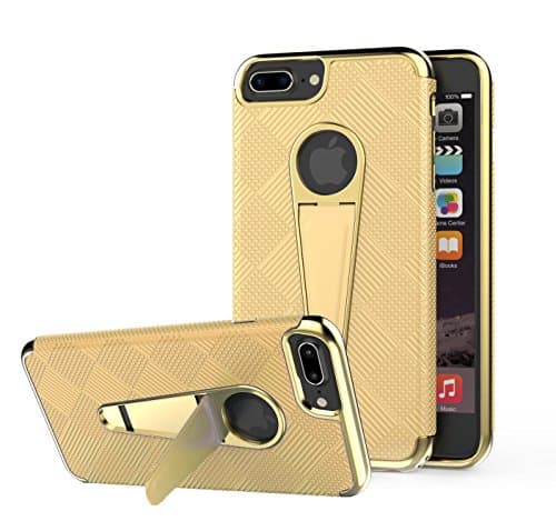 Elech iPhone 7 Plus Case, [Friction &amp; Drop Tested] Lightweight Slim Fit Anti-slip Plaid Shockproof Anti-Scratch Anti-fingerprint Protective Cover Case with Foldable Kickstand for iPhone 7 Plus (Gold)