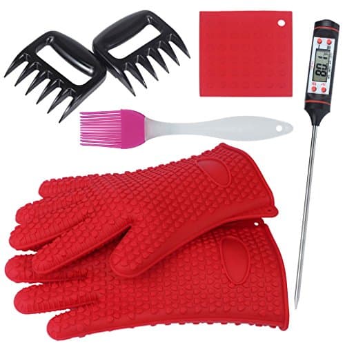 Foreasy New 5 Kinds BBQ Tool Sets,1 Pair Silicone Oven Mitts,1 Pair Meat Claws,1 BBQ Grill Thermometer,1 Pot Holder,1 Silicone Brush,Fits Nicely with Your Grill Also Suitable for Pastry Bake (Red)