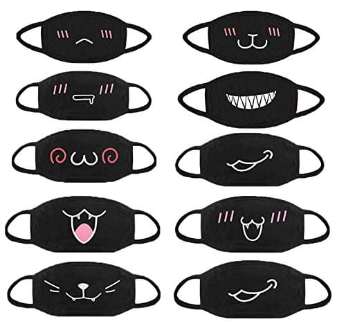ADFEN 10Pcs Cartoon Pattern Solid Cotton Black Mouth Mask,Half Face Soft Anti-Fog Anti-dust Mask for Men Women
