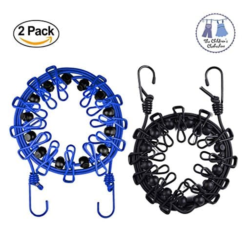 Portable Clothesline, Windproof Stretchy Retractable Laundry Clothes Adjustable Clothesline with 12 Clips for Outdoor Indoor Travel Camping 2 Pack (Black+Blue)