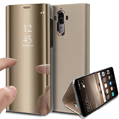 Case for Huawei Mate 10 Pro,Shell.KunyFond Cover Mirror Leather Wallet Bookstyle View Glass Mirror Effect Pattern Mobile Phone Flip Flop Standing Cool Men Women Faux Hard PC Interior Back Bumper-Gold