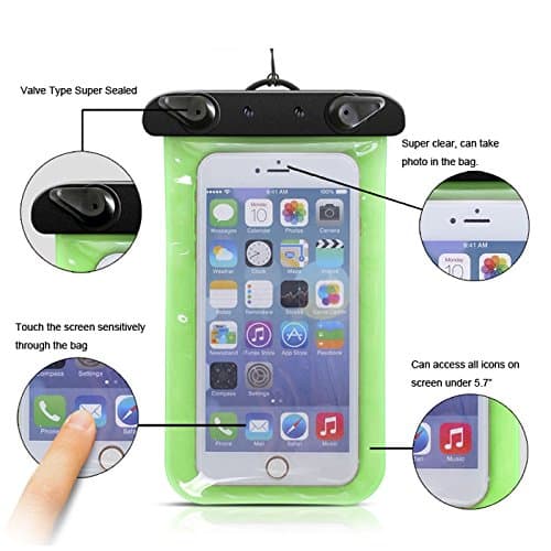 Universal Waterproof Protective Case Pouch with Armband and Neck Strap (Layer); with Touch Responsive Front and Back Transparent Screen Protector; Fits Any Phone Version Under 6 Inch; Apple Iphone 6plus; 6; 5; 4s; 4; 3; Samsung; Htc; Mp3; Size: 17.5cm X 10.5cm; 100% Sealed; Waterproof to 20m Depth; Dry Bag for Outdoor Activities; Perfect for Boating / Kayaking / Rafting / Swimming; Protects Your Cell Phone or Mp3 Player From Water, Sand, Dust and Dirt (Green)