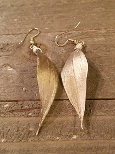 Gold Dipped Feather Earrings Drop Down Dangle Native American Earth Jewelry Hippie Boho Natural Style (E89)