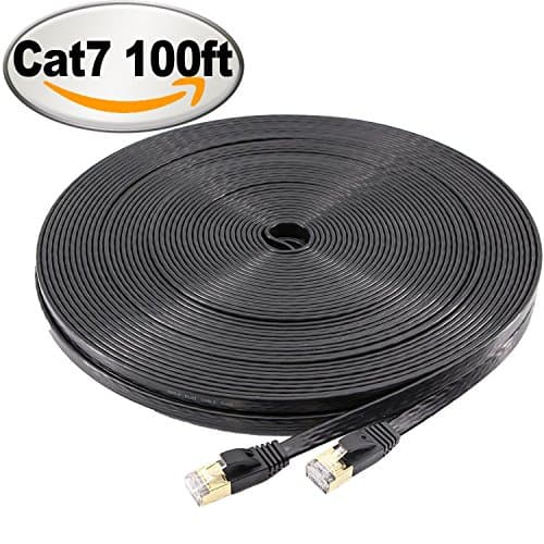 CAT7 10 Gigabit Ethernet Cable Shielded (STP)Ultra Flat Cat 7 Patch Cable for Modem Router LAN Network PlayStation Xbox- Built with Gold-Plated RJ45 Connectors,100 Feet Black