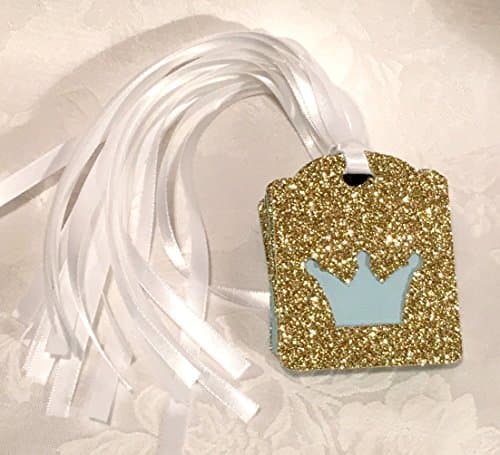12 Lt Blue and Gold Glitter Crown Double Layer Tags