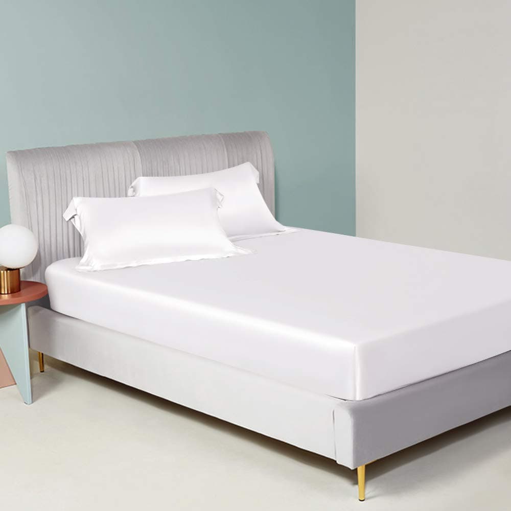 ElleSilk 100% Silk Fitted Sheet, Silk Sheets, 22 Momme, The Highest Grade Mulberry Silk, Natural Dye, Naturally Breathable, California King 73" x 85" x 16", White