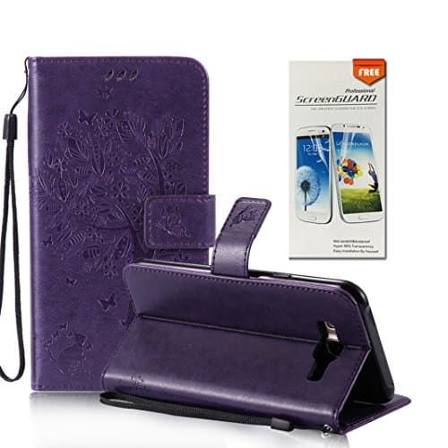 OuDu Tree&Butterfly Printing Pattern Case for Samsung Galaxy J7 2015 SM-J700F PU Leather Cover Flip Wallet Shell Stand Function Bumper with Card Slots - Purple (Gift:1 Screen Protector)