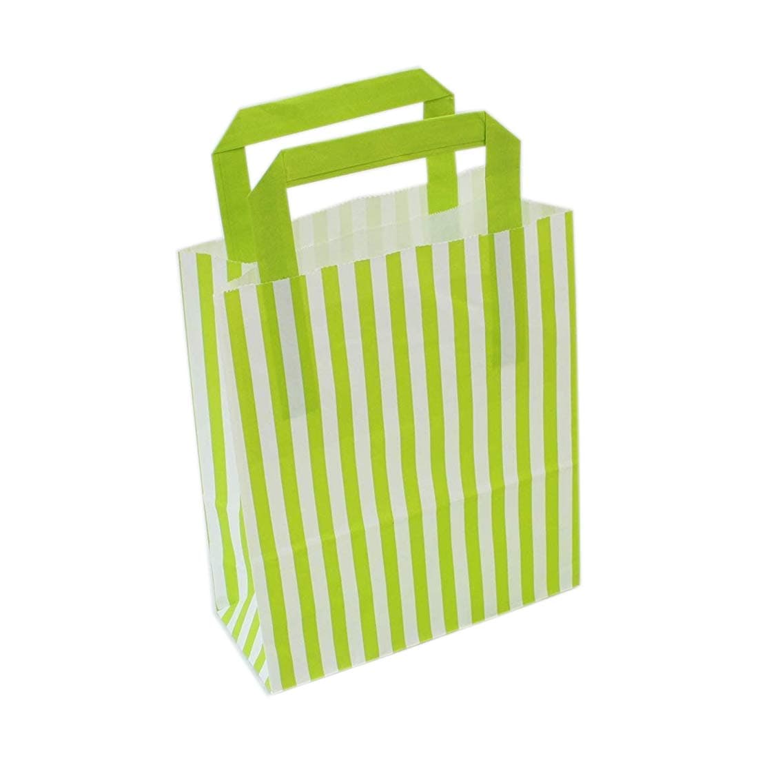 We Can Source It LtdLime Green Candy Stripe Paper Carrier Bags - SOS Block Bottom Kraft Paper Bags with Tape Handles - Biodegradable and Eco-Friendly - For Takeaway - 18 x 8 x 21cm - 10 Pack