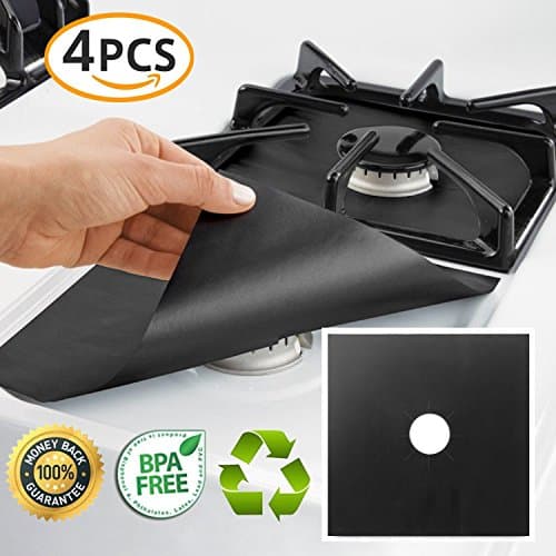 Black 4 Pack Gas Range Protectors, 10.6" X 10.6", 0.2mm double thick, Reusable, Non-Stick, Non-toxic Eco friendly, Easy to Clean Liners, FDA certified Reusable, Dishwasher safe