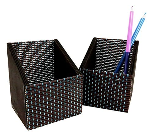 Bamboo Pencil Remote Control Holder Organizer 3.75" x 3.12" Brown Blue