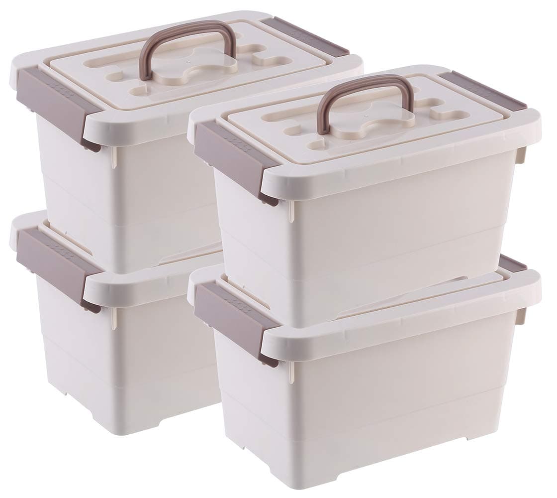 Livable Khaki Plastic Storage Box with Brown Handle, 6 Quart Storage Bin with Latch/Lid, 4 Pack