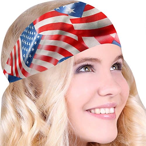 FUN &amp; FUNKY Work Out Headbands! SUPER FUN! The Flag - Choose From Over 30 Best No Slip Printed Headbands Stretchy One Size Fits Most Made in USA by Mom &amp; Daughter:)