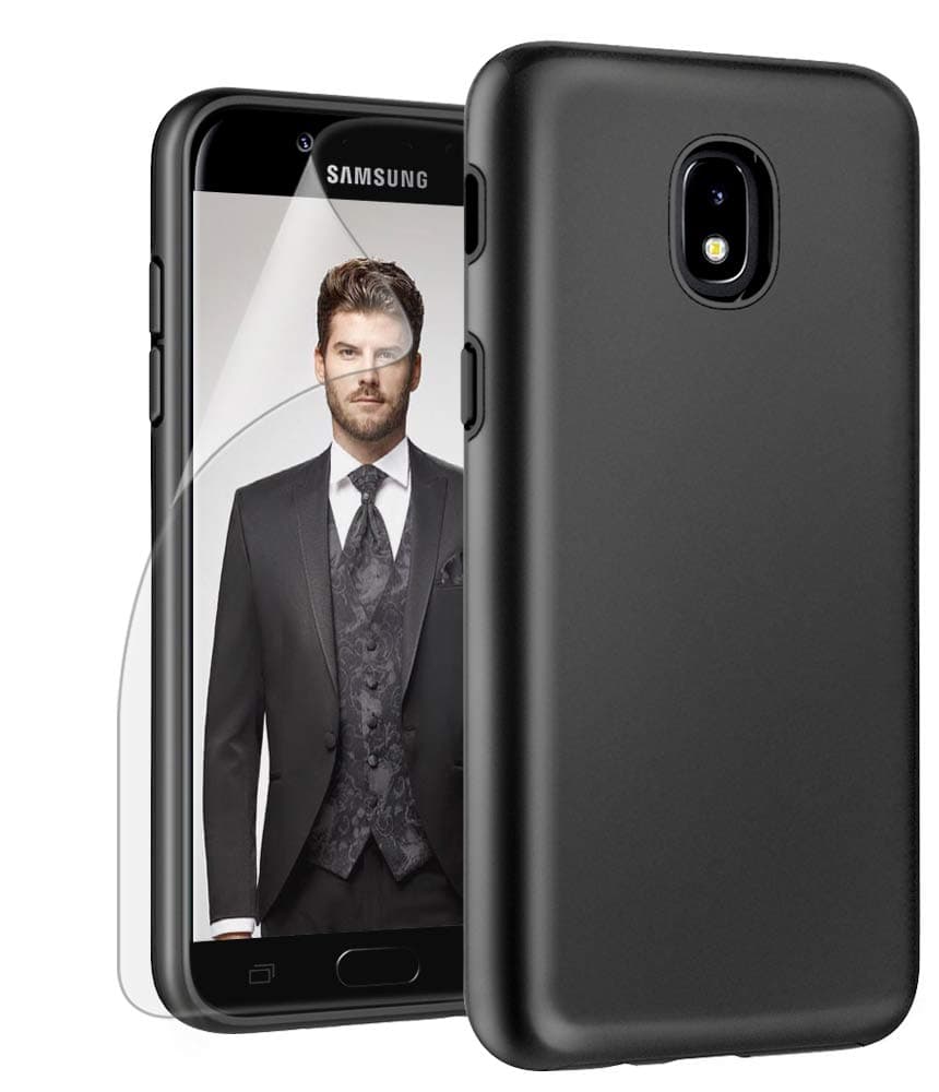 Galaxy J3 Orbit/ J3V J3 V 3rd Gen/Express Prime 3/ J3 Star/ J3 Achieve/Amp Prime 3/ J3 Aura/Sol 3 Case, Androgate Hybrid Matte Cover Case with Screen Protector for Samsung Galaxy J3 2018, Black