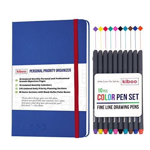 KIBOO Personalized Leather Journal Notebook 2017-2018 - Professional &amp; Personal Success A5/ 5.8" x 8.3" Blue, Undated Daily Planner Agenda - Smart Academic Weekly &amp; Monthly Goal Organizer Calendar