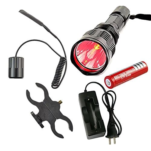 Red Light LED Hunting Flashlight 250 Yard Long Range Water Resistant with Rechargeable 18650 Lihtium ion Battery and Charger and Scope Mount and Remote Pressure Switch