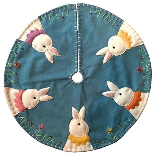 KIG Exclusive Handmade Easter Bunnies on Blue Background Small Tabletop Tree Skirt, 24" Wide