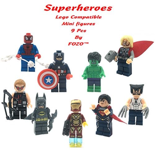 Super Heroes Figures 9 Set Mini Figures Party Bag with Batman, Spiderman, IronMan, Thor, SuperMan, Wolverine, Captain America, Hawkeye and The Hulk LEGO Compatible By FOZO
