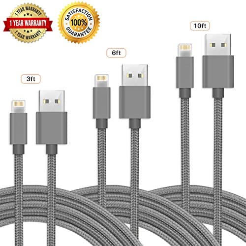 iPhone Lightning Cable, 3 Packs 3ft/6ft/10ft Phone USB Charger Cord Charging Data Cable Wear resistant Nylon Braided Cord for iPhone 7/7 Plus/6/6 Plus/6s/5/5S/5C/SE, iPad 4, iPod, iPad