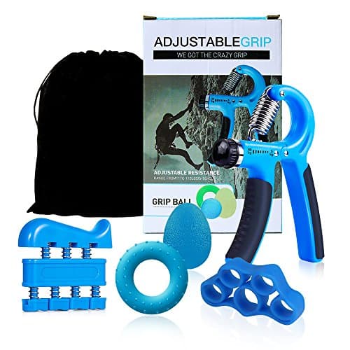 Hand Grip Strengthener Workout Kit (5 Pack) - Adjustable Forearm Hand Gripper 22-88lbs Finger Strength Exerciser Resistance Band Hand Crip Ring Strengthener Ball Range Carrying Bag (Blue)