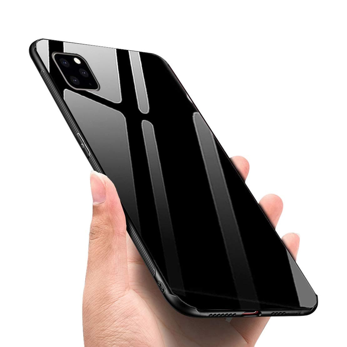 LANYOS Compatible iPhone 11 Pro Max Case, Ultra-Thin Tempered Glass Pattern Painted Back Cover + Soft TPU Bumper Frame (6.5 inch 2019) (Black)