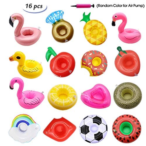 JIWINNER 16 Pack Inflatable Drink Holders + 1 Inflatable Needle，Drink Floats Inflatable Cup Coasters for Kids Toys and Pool Party