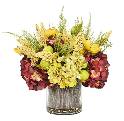 Creative Displays Golden Hydrangea and Two Tone Burgundy Hydrangeas with Acrylic Water in a Clear Glass Container
