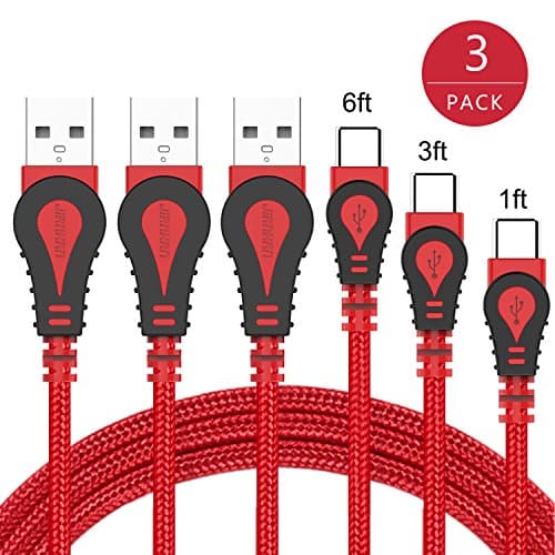 USB Type C Cable,JianHan USB-C Cable 3 Pack (1ft+3ft+6ft) USB Type A to C Fast Charging Cable Nylon Braided Type-C Cord for Samsung Galaxy Note 8,S8,S8 Plus,LG G6 G5 V30 V20,Google Pixel,Macbook (Red)