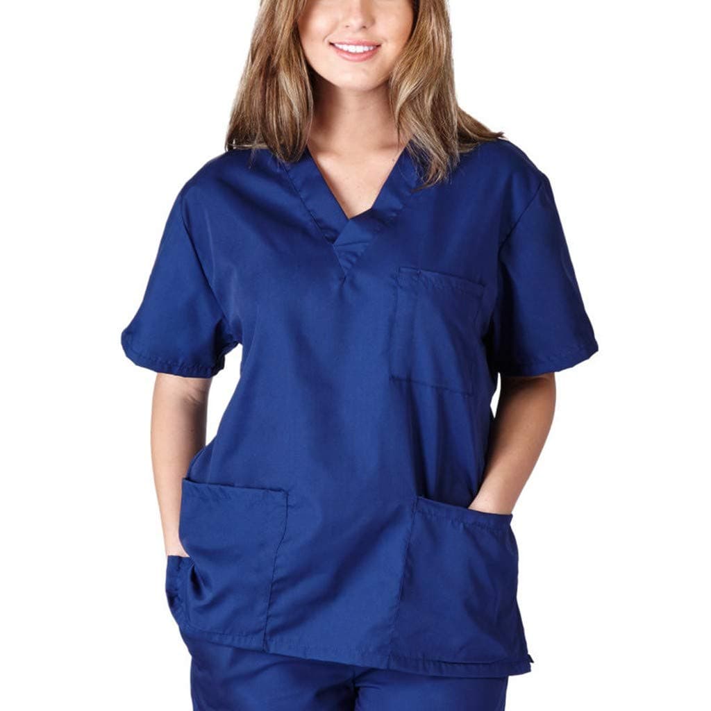 KUDICO Unisex Solid Short/Long Sleeve O/V-Neck Nursing Uniform Blouse Scrub Tops Blouse Tunic with Pocket Can Be Used for Daily Office Outdoor