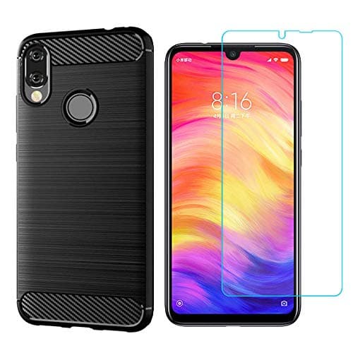Xiaomi Redmi Note 7/7 Pro case,with Tempered Glass Screen Protector. (2 in 1)[Scratch Resistant Anti-Fall] Fashion Soft TPU Shockproof Case (Black)