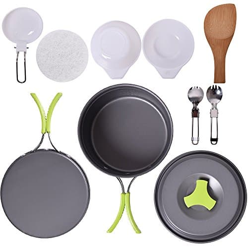 Camping Cookware Mess Kit Set, FAMELEY Lightweight Durable Compact Cooking Set Includes Pots, Bowls, Pans, Folding Sporks(11 Pieces utensils) for Hiking Backpacking Picnic Outdoor
