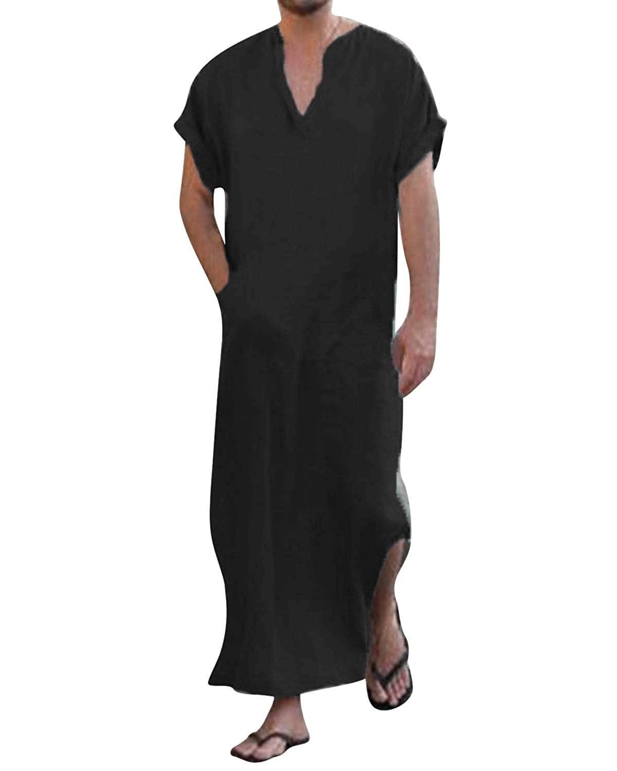 Honiee Men's Caftan V-Neck Short Sleeve Robe Side Split Cotton Long Gown Thobe S-5XL