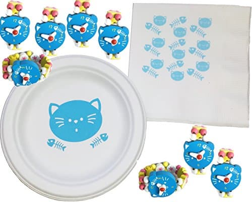 Fish Bone Cat Party Bundle with 8 Toy Watch Stretch Bracelets 8 Dessert Plates 8 Count Napkins White and Blue