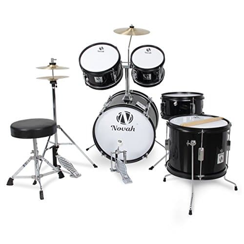 Novah 5-Piece Junior Drum Set Complete with Cymbals, Throne and Stool, Black