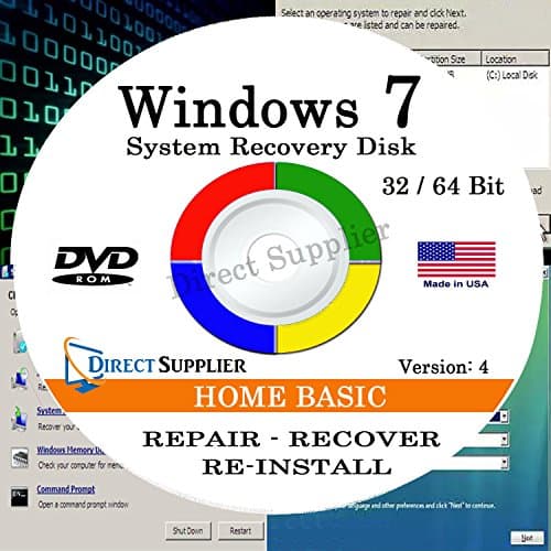 WINDOWS 7 - 64 Bit DVD SP1, Supports Home Basic. Recover, Repair, Restore or Re-install Windows to Factory Fresh!